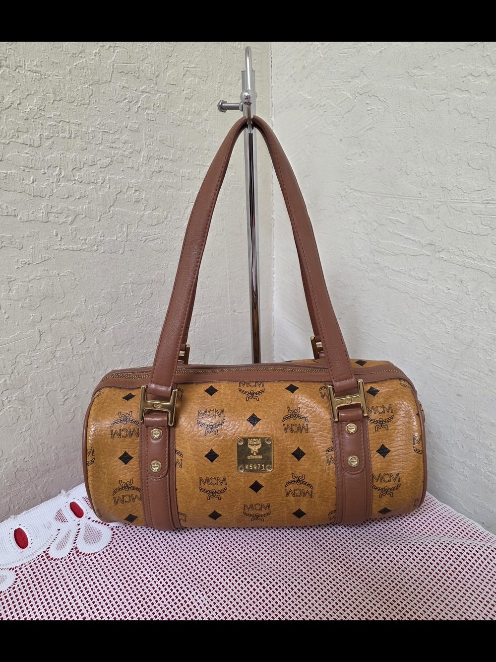 MCM Cognac Monogram Papillon Barrel Handbag Satchel AUTHENTIC